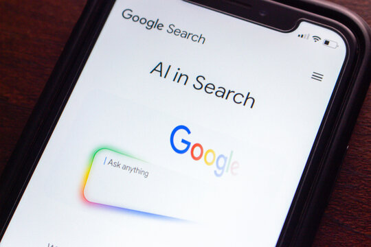 Mexico City, MEXICO - Aug 13 2025 : Close-up of a smartphone screen showing Google Search with AI features, highlighting AI search technolofy and capabilities.