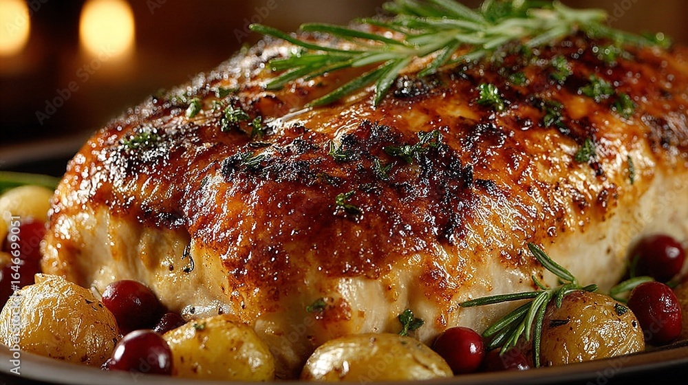 Poster a plate of chicken with potatoes and cranberries on it.