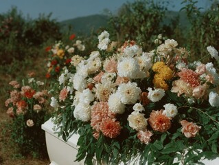 Premium Outdoor Funeral Ceremony with Elegant White and Pastel Flowers on Casket Authentic Sympathy Tribute for Memorial Events Marketing and Editorial Use