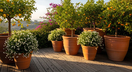 Fototapeta premium Potted citrus trees and lush greenery on a sunny patio