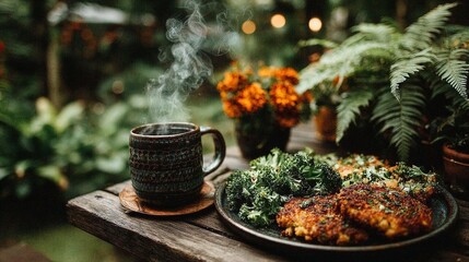 A plate of food on a wooden table with a cup of coffee.