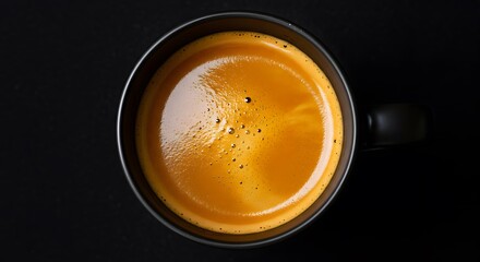 Espresso in a black mug, top-down view with crema