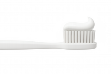 Clean white toothbrush with sparkling toothpaste coating, highlighting daily dental care against crisp minimalist transparent backdrop