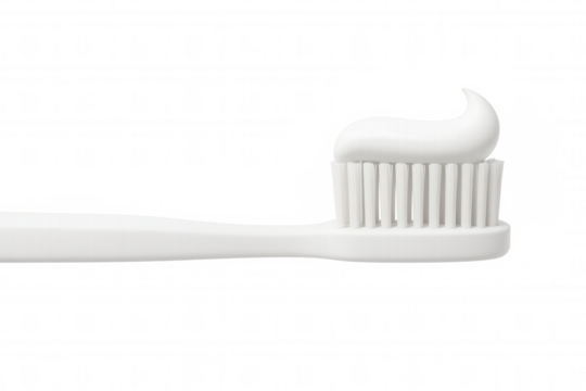 Clean white toothbrush with sparkling toothpaste coating, highlighting daily dental care against crisp minimalist transparent backdrop
