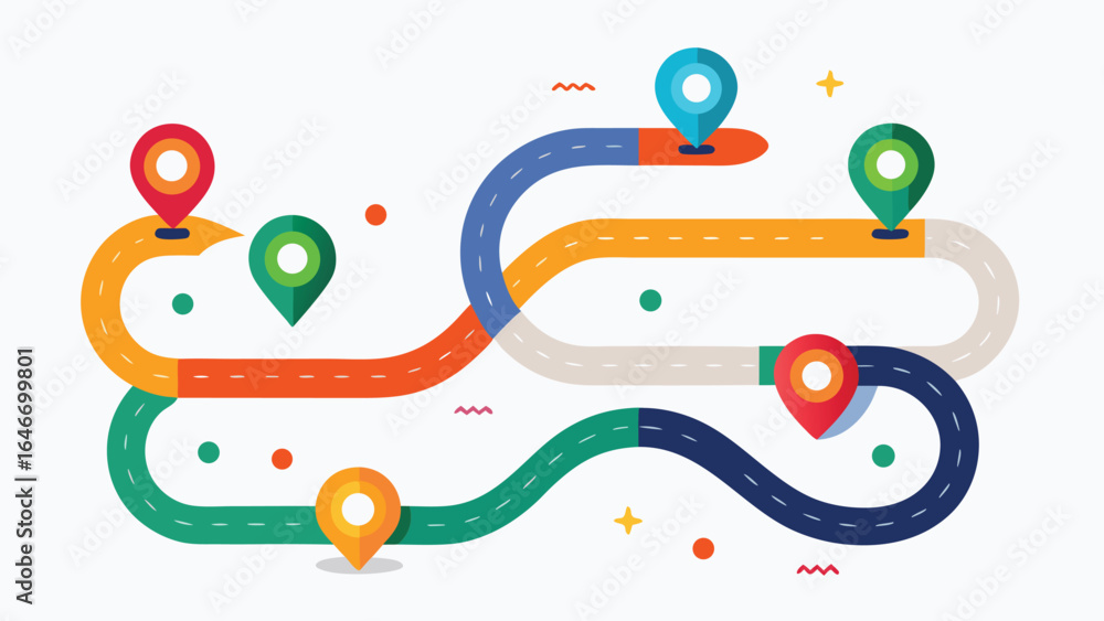 Poster a timeline featuring arrows and pins, illustrating a sequence of events or milestones..eps