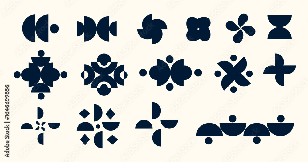 Poster abstract geometric symbols set, designed in neo geo and brutalist styles with minimal and symmetrica