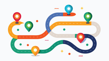 A timeline featuring arrows and pins, illustrating a sequence of events or milestones..eps