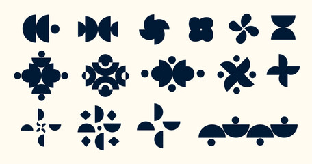 Abstract geometric symbols set, designed in neo geo and brutalist styles with minimal and symmetrical shapes, ideal for modern branding, editorial design, web graphics, poster art. Vector illustration
