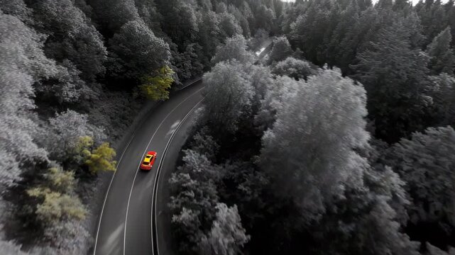 Elektroauto aus Drohnenperspektive mit Farbwechseleffekt im Wald &ndash; Schwarz-Wei&szlig; zu leuchtender Natur. K&uuml;nstliche Intelligenz KI