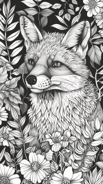 Discover a detailed adult coloring page showcasing a whimsical fox surrounded by lush plants and vibrant flowers, all crafted in a zendoodle style for relaxation and creativity.