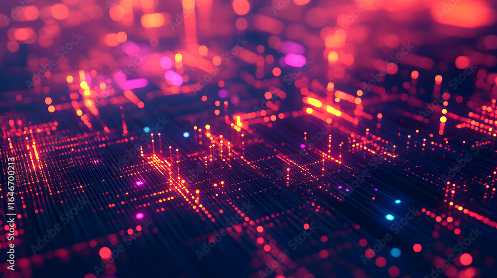 Poster abstract digital circuit board with glowing red and blue lights creating depth