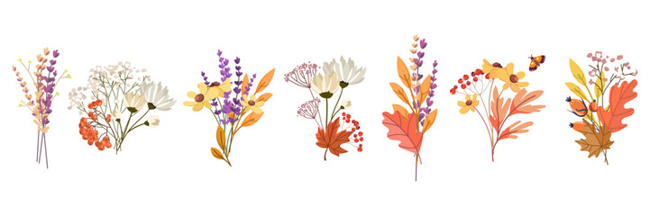 Autumn Wildflower Bouquets Collection on White Background. Autumn bouquets with wildflowers, leaves, berries, and herbs in flat vector style, for seasonal designs, invitations, packaging,digital decor