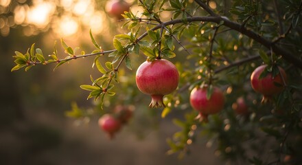 Pomegranate tree with ripe fruits in the sunlight