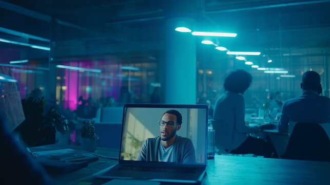 Hybrid Team Meeting Remote Worker on Laptop in Modern Office