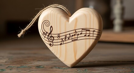 Wooden heart with musical notes close-up on rustic surface capturing love of melody