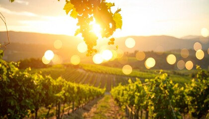Luminous Grapes Silhouetted by a Golden Sunburst Over a Dreamy Vineyard