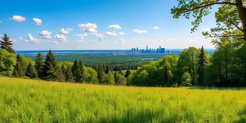 Summer forest's edge meets vibrant green field, city skyline in distance, green, scenery