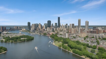 Obraz premium Aerial view of a city skyline with a river and boats water