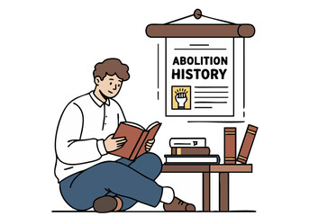 A young man studies abolition history, engrossed in a book on a table amidst academic resources.  He?s learning about freedom?s past.  A modern, inviting study scene.