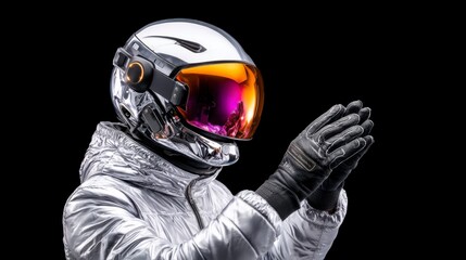 A futuristic astronaut in a shiny silver suit with a reflective orange visor claps against a black background.