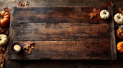 A wooden sign with pumpkins and leaves on a wooden table.
