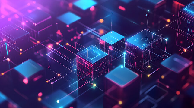 Abstract digital network with glowing cubes and neon connections for future tech