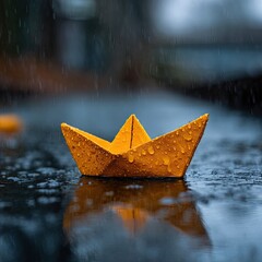 Golden paper boat in rain
