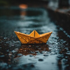 Paper boat in rain, wet pavement