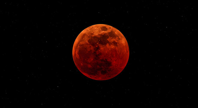 A stunning view of the blood moon during a total lunar eclipse against a backdrop of distant stars in the night sky.