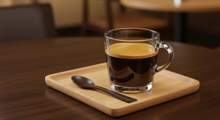 Aromatic fresh espresso in clear glass mug served on wooden tray offers rich flavor for simple moments