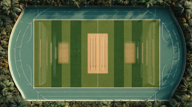 High-Quality Aerial View of Cricket Pitch Layout with Clear Boundary and Crease Lines for Professional Sports Education and Modern Marketing Use