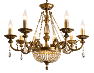 Vintage Gold Chandelier with Multiple Candle Bulbs and Ornate Details, Isolated PNG
