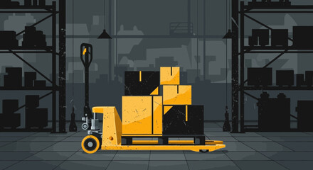 Warehouse Interior Scene with Hand Pallet Truck and Stocked Shelves
