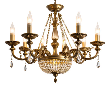 Vintage Gold Chandelier with Multiple Candle Bulbs and Ornate Details, Isolated PNG