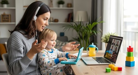 Working mom managing tasks from home with her child nearby
