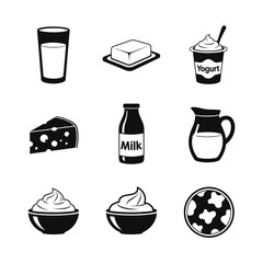 Black and white icons of dairy products featuring milk yogurt cheese butter cream and other dairy treats ideal for recipes and food illustrations
