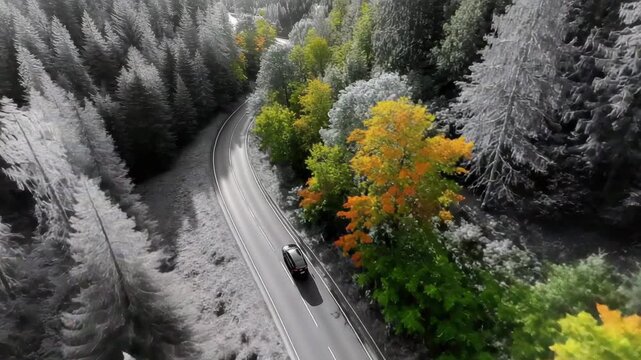 Elektroauto aus Drohnenperspektive mit Farbwechseleffekt im Wald &ndash; Schwarz-Wei&szlig; zu leuchtender Natur. K&uuml;nstliche Intelligenz KI