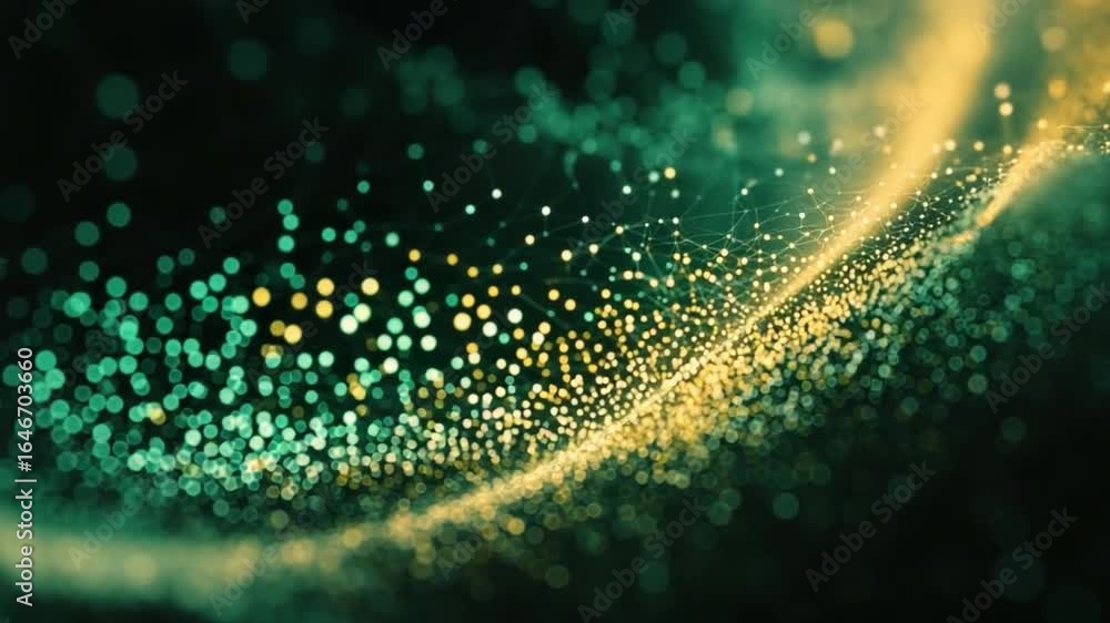 Poster abstract digital landscape of glowing dots and lines creating an ethereal wave of light in shades of