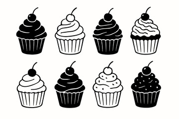 Black and White Cupcake Vector Graphics Delicious Desserts with Cherry Topping and Different Frosting Styles Sweet Treats for Bakery Menus and Graphic Design Projects