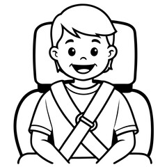 Black and white drawing of a smiling boy buckled up in a car seat, safety concept
