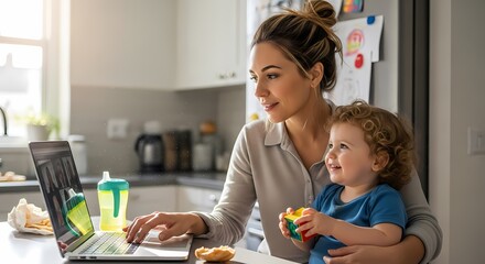 Working mom managing tasks from home with her child nearby
