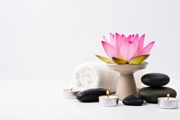 Serene spa scene with pink lotus flower hot stones and candles