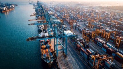 Busy port with ships and containers