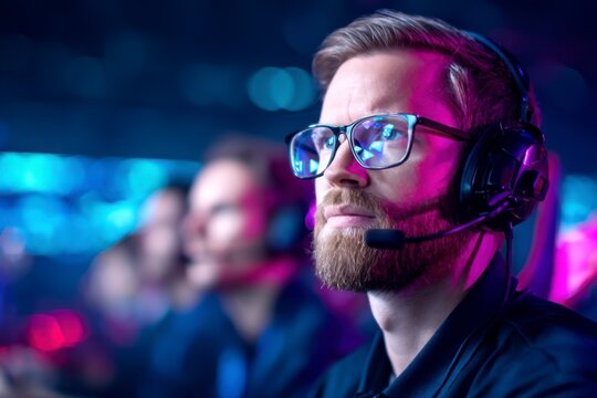 A focused man wearing glasses and a headset participates in an esports or gaming event, with colorful lighting and blurred players in the background.