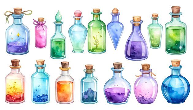 Watercolor painting of various colorful potion bottles with corks