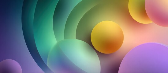 A vibrant abstract design featuring gradient colors, layered shapes, and spheres