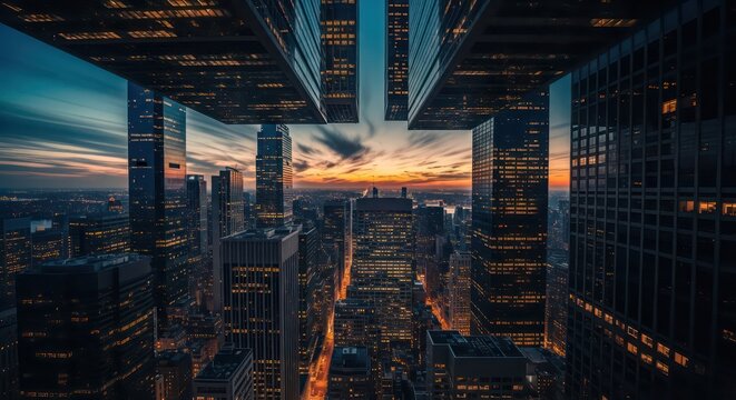 Surreal Cityscape with Impossible Architecture Framing a Dramatic Twilight Sky