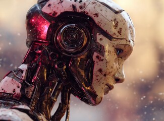 Close-up of a wounded robotic head, blood-splattered, profile view