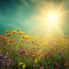Fototapeta premium Colorful wildflowers bloom in sunlit meadow
