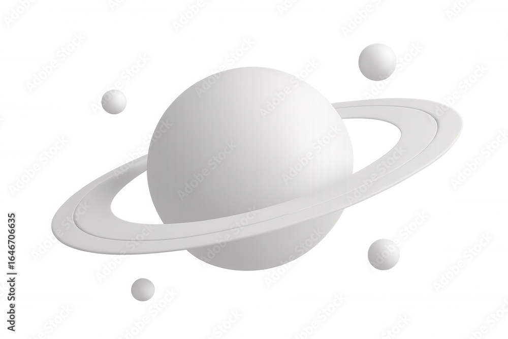 Poster white minimalist planet rendering, rotating with lunar bodies against transparent backdrop, ideal fo